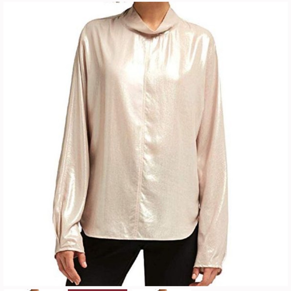 New DKNY Small Pink Metallic Sparkle Long Sleeve Mock Neck Top